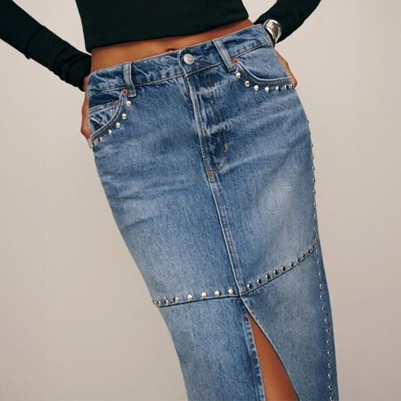 Reformation Tazz Maxi Denim Skirt in Hemlock Studded Size 25 - Picture 2 of 9